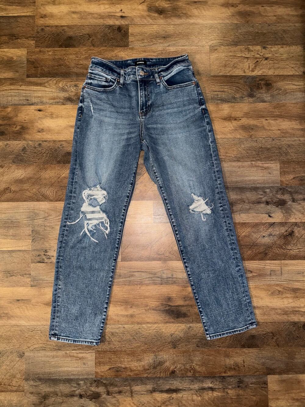 Express women’s distressed mid rise boyfriend blue jeans